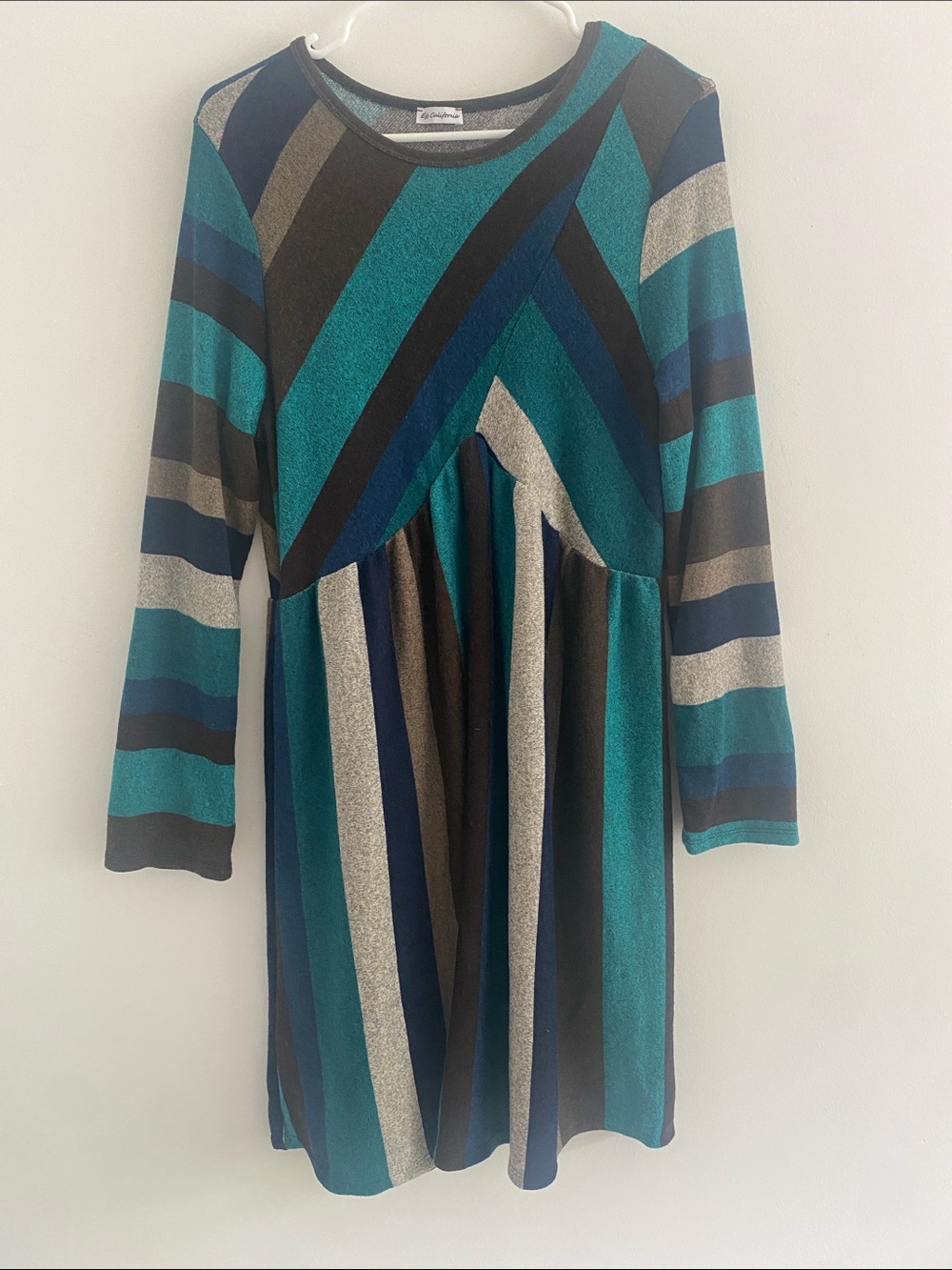 EGY California Knit Striped Long Sleeve Dress Navy Teal Brown Size XL
